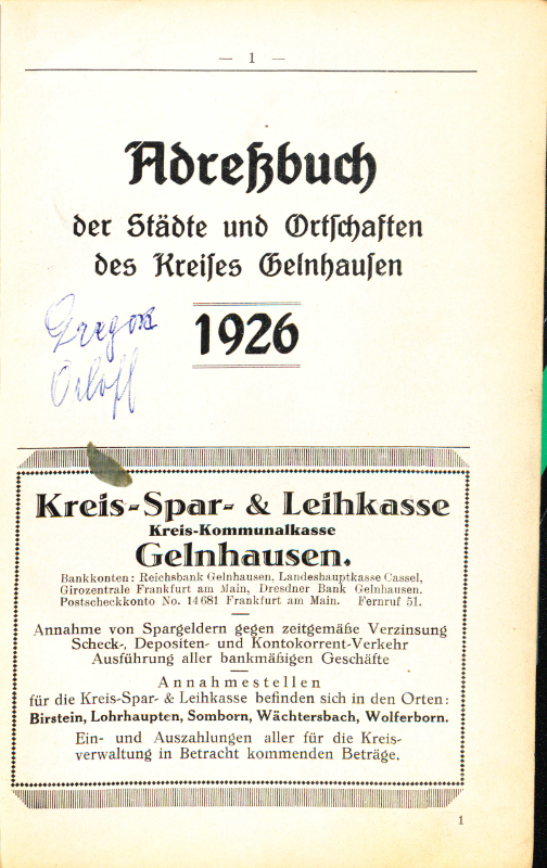 Adre&szlig;buch von 1926 Seite 1
